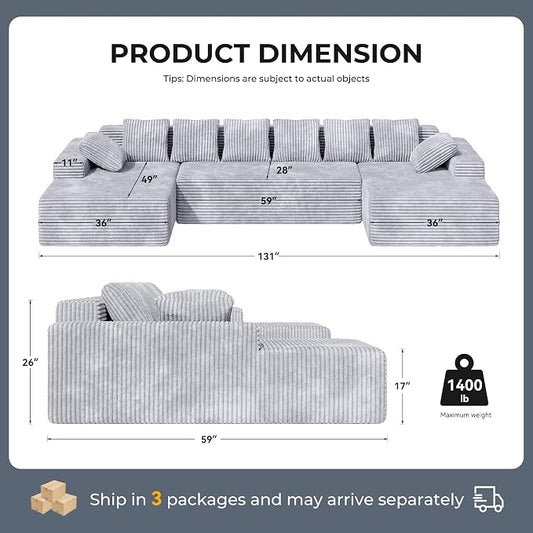 131'' U Shaped Sectional Couches with Chaise Lounge, No Assembly Required Deep Seat Modular Cloud Sofa for Living Room 1PCS, Bedroom(Light Gray)