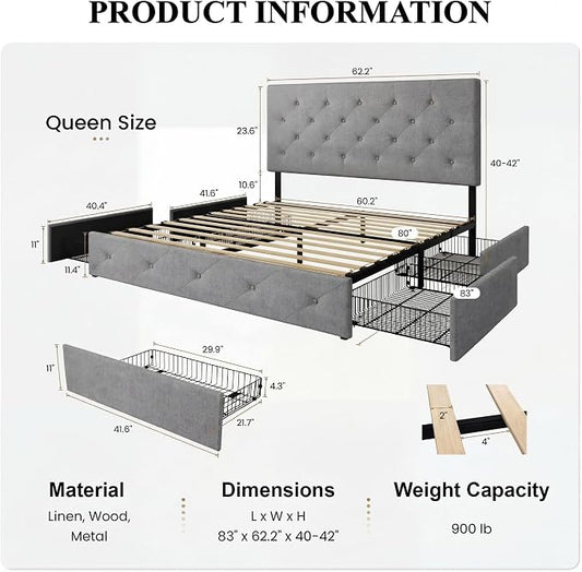 SHA CERLIN Upholstered Queen Size Platform Bed Frame with 4 Storage Drawers, Adjustable Headboard with Diamond Stitched Button Tufted Design, Wooden Slat Support, No Box Spring Needed, Light Grey