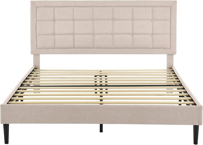 Decoro Mornington Upholstered 2.0 Platform Bed, Button-Tufted Fabric Headboard and Metal Frame with Wood Slat Support, Linen, Queen