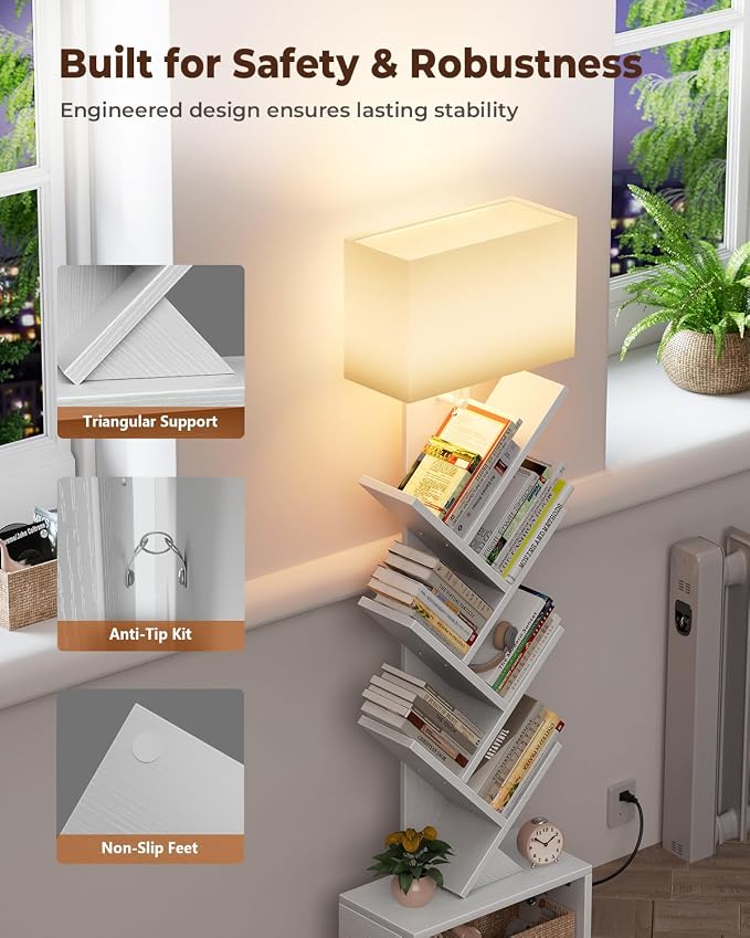 Evermagin 6 Tier Tree Bookshelf with Light, Narrow Bookcase Tower, Tall Floor Standing Book Shelf Organizer with Storage Cabinet for Living Room, Bedroom and Home Office, White
