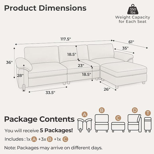 SITJOY Large Cloud Couch, 118" Wide 3 Seater L Shape, Faux Leather in White | Pet-Friendly Scratch-Resistant Leather Sectional Sofas for Living Room, Deep Seat Wide Couch with Chaise, Storage Ottoman