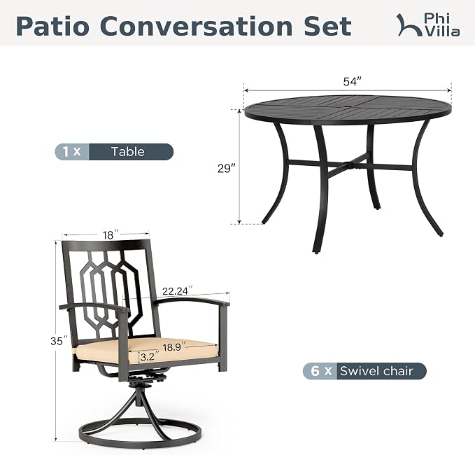 PHI VILLA 7 Pieces Round Outdoor Dining Set for 6, 54" Black Wrought Iron Table with Umbrella Hole & Swivel Metal Steel Chairs, Outside Furniture Set for Patio, Porch, Deck, Backyard