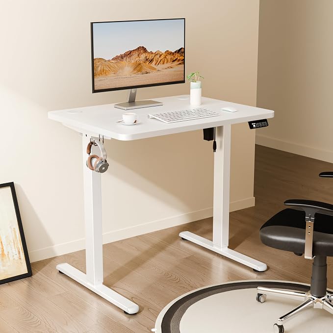 ERGOMAKER Electric Standing Desk, 31.5" x 23.6" Height Adjustable Sit Stand Desk with Splice Board for Home Office, Computer Desk Memory Preset (White Frame, White Desktop)