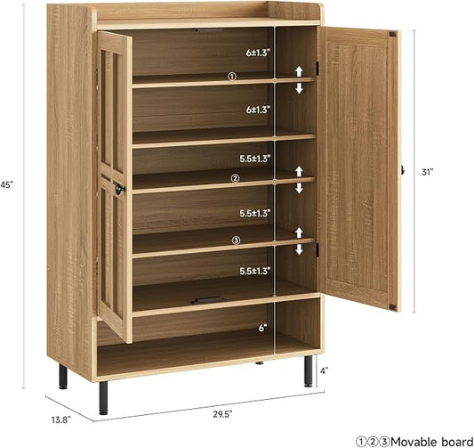 ONBRILL Shoe Cabinet with Cross Molding Doors, 6-Tier Shoe Storage Cabinet with 3 Adjustable Shelves and Metal Legs, 45'' Tall Shoes Rack Organizer Cabinet for Entryway, Front Door, Natural Oak