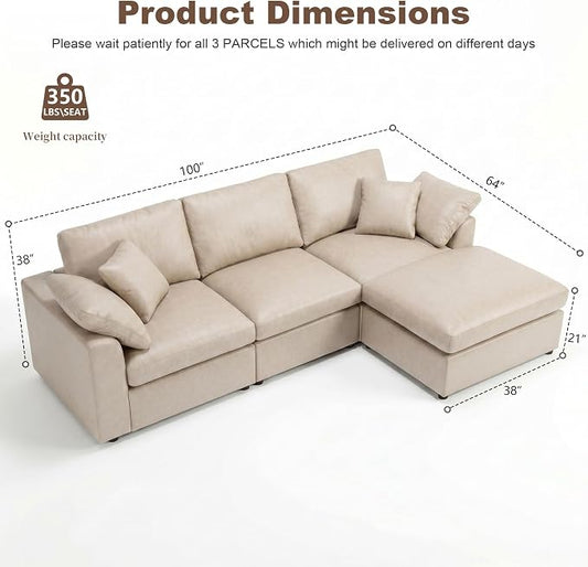 100" Faux Leather Modular Sectional Sofa for Living Room, Oversized 3 Seater L Shaped Cloud Couch with Ottoman, Extra Large Deep Seat, Pet-Friendly, Easy to Clean, Beige