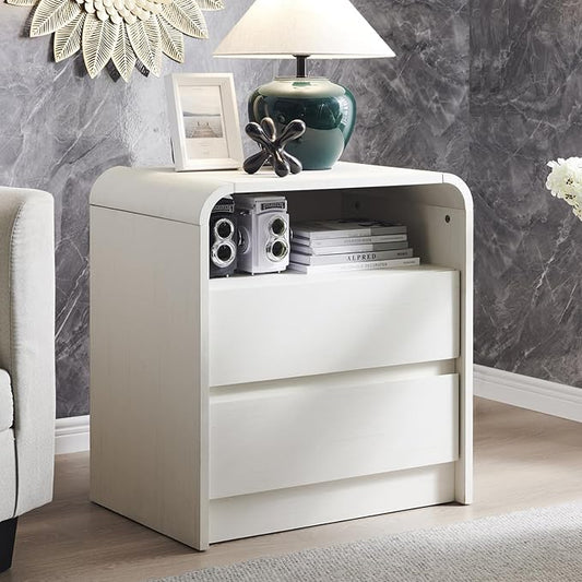 Aitjunz 25" Tall Modern Nightstand Set of 2, 23.6'' Wide Wood Bedside Table w/2 Storage Drawers, Charging Station, Mid Century End Table for Bedroom, Living Room,Curved Profile Design, Antique White