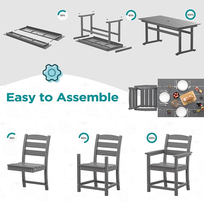 nalone 7-Piece Patio Dining Table Set, HDPE Outdoor Dining Sets with Table and 6 Chairs, Dining Furniture Set with Umbrella Hole (Grey, 7 Pcs)