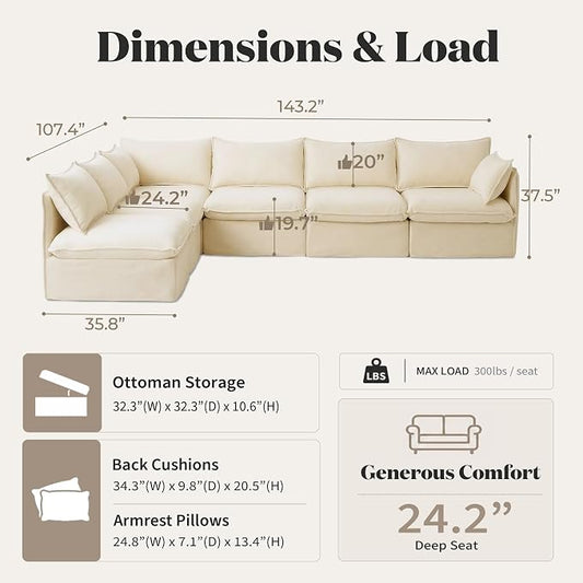 Cloud Modular Corner Sectional, Oversized Deep Seat Comfort, Luxe Chenille | Fully Removable Washable Covers, Memory Foam Seat Cushions, Premium Fabric