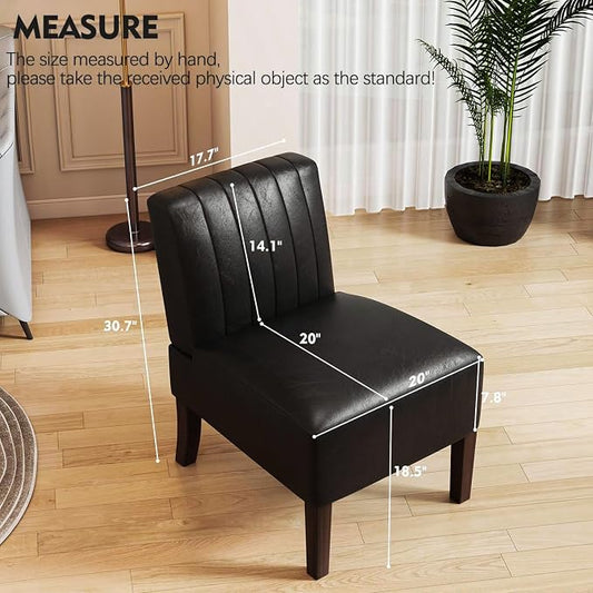 VIRRMO Armless Accent Chairs Set of 2 Upholstered Dining Chairs Living Room Chairs with Solid Wood Legs Bedroom Chair Leather Reading Chair Comfy Chair for Bedroom Vanity Kitchen (Black)