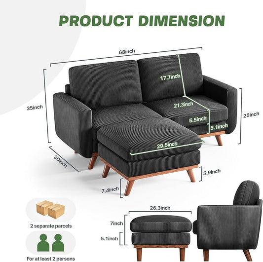 Vesgantti 68" Loveseat Sofa with Movable Ottoman, Comfy Corduroy Couch with Spring Cushion, Sofa Couch with Solid Wood, Modern Office Sofa with Deep Seat for Living Room and Bedroom, Black