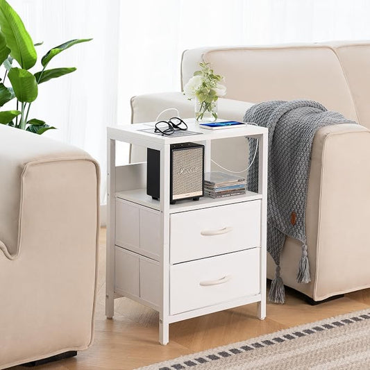 Yoobure Nightstand with Charging Station, Small Night Stand with Fabric Drawers and Storage Shelf for Bedrooms, Nightstands for Small Spaces, Bedside Table with USB Ports & Outlets, Bed Side Table