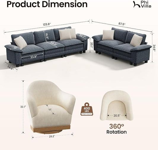 PHI VILLA Cloud Modular Couch Sets with Swivel Accent Chair, 123.6" Sectional Sofa with L-Shaped Chaise, 4-Seater Couches with Ottoman for Living Room, Chenille Dark Cyan Sofa & Corduroy Beige Chair