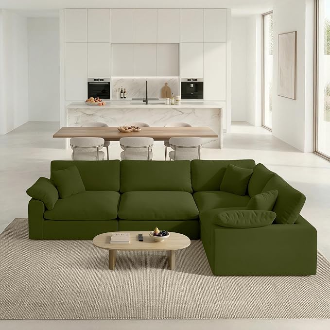 Modular Sectional Sofa, 4 Seater Cloud Couch,Down Filled Comfy Cloud Modern Sofa,Green Linen Oversized Couch Cushion Covers Removable for Living Room