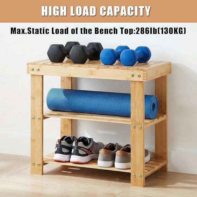 Sturdy 3-Tier Bamboo Shoe Rack Bench – Modern Entryway Organizer with Storage Shelf & Seating, Holds up to 130kg, Ideal for Closet, Bedroom, Living Room, 28.7 x 50 x 45.3 cm – Natural Wood Finish