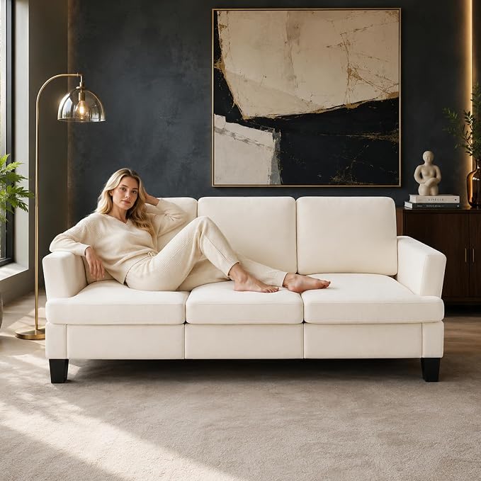 Modern 3 Seater Sofa for Living Room with Soft Deep Seats, Sofa 3 Seater in Linen, Upholstered Apartment Sofa with Armrests, Comfy Cozy Sofas for Bedroom, Linen, Beige