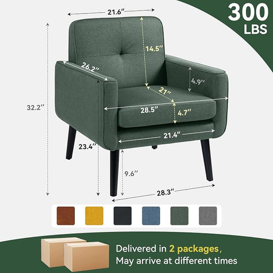 Vogue Furniture Direct Accent Chair Set of 2, Fabric Modern Chair with Wooden Frame, Cozy Armchair Reading Chair with Comfy Back for Apartment, Living Room, Bedroom, Small Space, Corner, Green