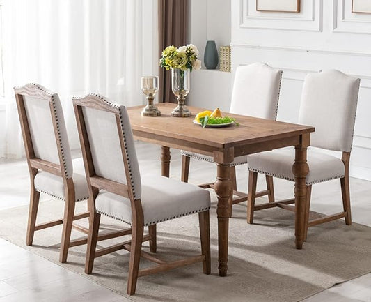 EALSON Farmhouse Dining Chairs Set of 6 with Wood Legs and Padded High Backs in Beige Linen