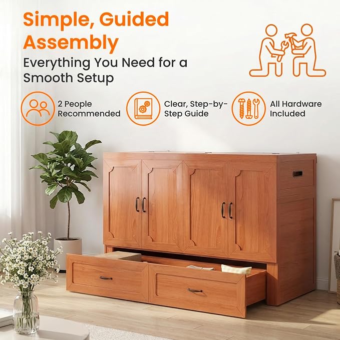 CECER Queen Murphy Bed with Mattress for Small Space/Guest-Maroon | Large Storage Drawer & Built-in Multi-Port Charging Station,Space Saving & Easy Assemble and Conversion