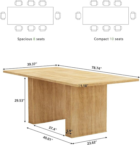 78 Inch Rectangular Dining Table for 6 to 10, Farmhouse Fluted Dining Kitchen Table, Modern Wood Long Dining Table for Kitchen Living Room, Natural