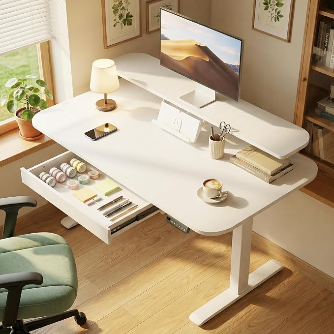 GTPLAYER Electric Standing Desk with Drawers, 48 x 24 Inches Height Adjustable Computer Desk with Monitor Stand, Laptop Stand, Home Office Sit Stand Up Desk with Memory Preset, White
