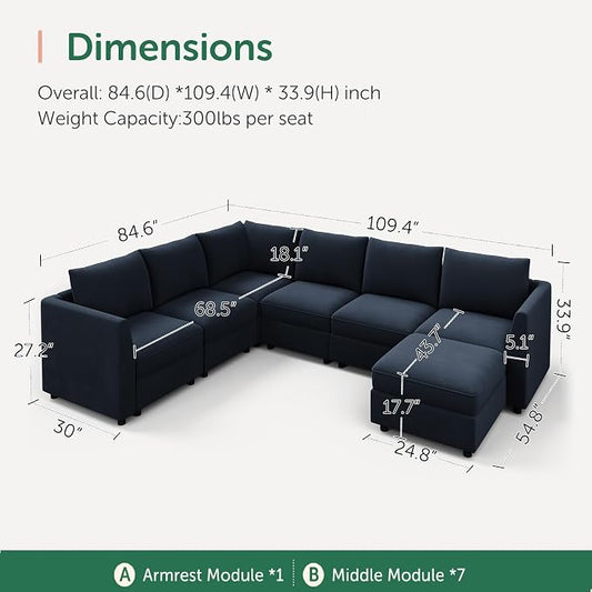 HONBAY Modular Sectional Sofa with Storage U Shape Sectional Sofa Velvet Sectional Couches for Living Room,Dark Blue