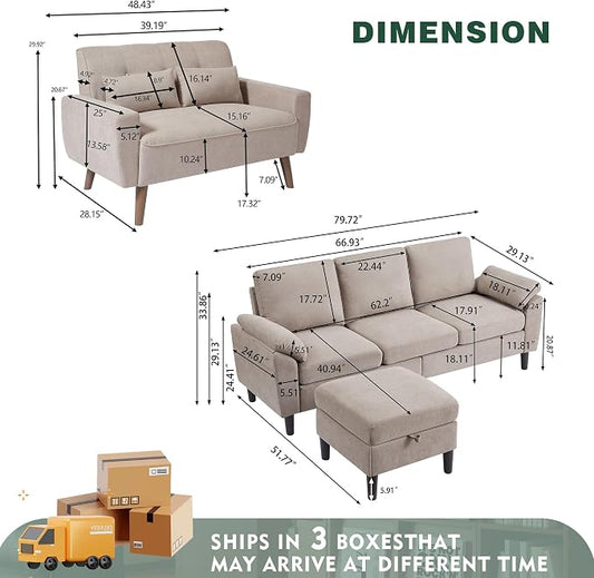 79" Convertible Sectional Sofa Set, Modern Linen Small L Shaped Couch with Reversible Chaise and Loveseat Sofa, 3-Seat Sofa Couches for Living Room, Office, Apartment, Beige