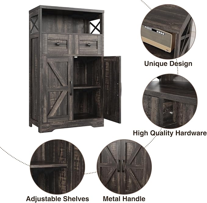 Befrases Farmhouse Storage Cabinet with Drawers and Shelf, Freestanding Kitchen Pantry Storage Cabinet, Floor Hutch Cupboard for Kitchen, Living Room, Home Office, Dark Rustic Oak