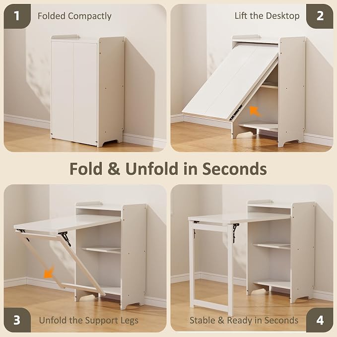 Bamboo Folding Desk for Small Spaces with Storage, Foldable Mid Century Modern Drop Leaf Desk, Vintage Fold Out Hideaway Small Desks for Bedroom or Home Office, White