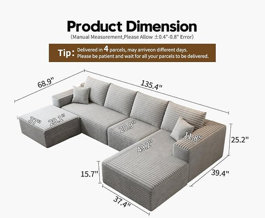 135.4" Cloud Modular Sectional Couch with 1 Ottoman,Modern Minimalist Upholstered Couches, Comfort U Shaped Sofa for Living Room,Deep Seat Corner Couch,No Assembly Required (Grey,Right Facing Chaise)
