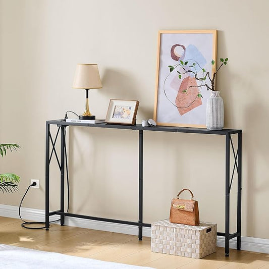 Gewudraw 55.1" Narrow Sofa Table, Console Table with Oulets & USB Ports, Entryway Table, Industrial Couch Table for Hallway, Living Room, Bedroom, 6.5 Feet Power Cord,Black