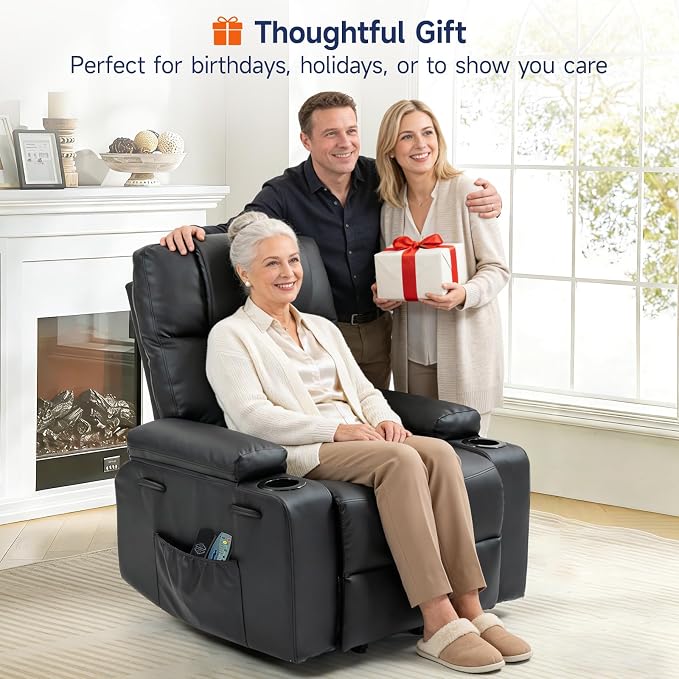 Brage Living Power Lift Recliner Chair for Elderly with Massage & Heat, PU Leather Electric Recliner with USB Charge Port, 160° Adjustable Recline, Stand Assist, Remote Control, Cup Holders (Black)