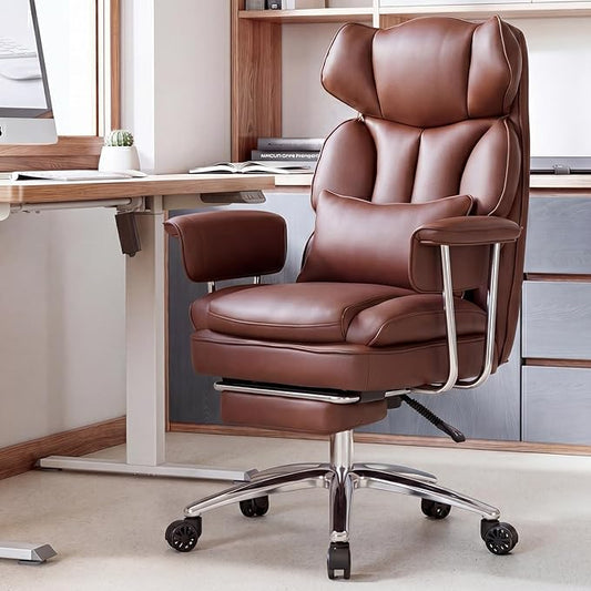 Sweetcrispy Executive Home Office Desk Chair - Ergonomic Big Tall High Back with Footrest & Lumbar Support, Reclining Height Adjustable, Comfy PU Leather Computer Gaming with Swivel Wheels, Brown