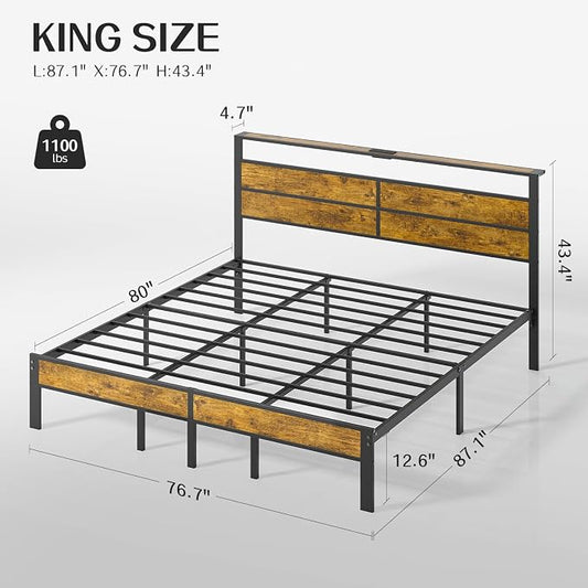 Liians King Size Bed Frame with Storage Headboard, LED Lights USB C Charging Station, Heavy Duty Metal Platform, No Box Spring Needed, Noise Free & Easy Assembly