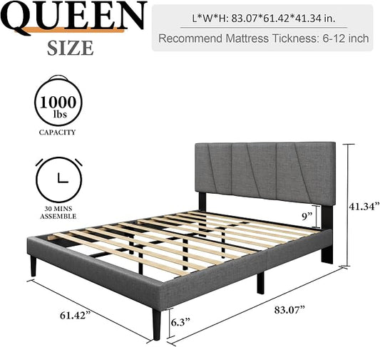 Sismplly Queen Size Platform Bed Frame with Modern Upholstered Headboard, Wooden Slats Support, Noise Free, No Box Spring Needed, Easy Assembly, Dark Grey, Linen