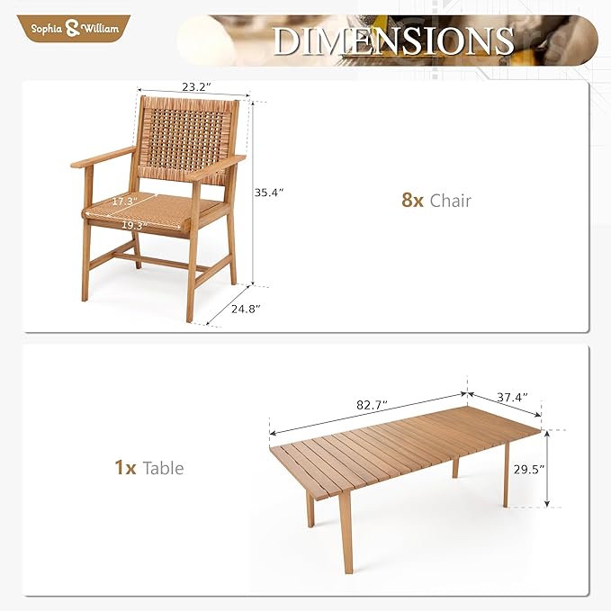 Sophia & William Outdoor Dining Set, Patio Furniture Set with Table and Chairs Set Wooden, Rattan Furniture Set of 8 Chairs and 1 Acacia Wood Rectangular Table for Yard, Garden, Porch and Poolside