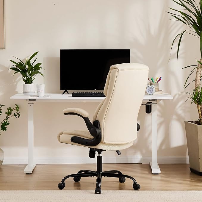 Sweetcrispy Ergonomic Computer Gaming Office Chair Set of 2, Heavy Duty Task Desk Swivel Rolling Chairs with Wheels, Flip-up Arms, Adjustable Height, PU Leather,Cream White