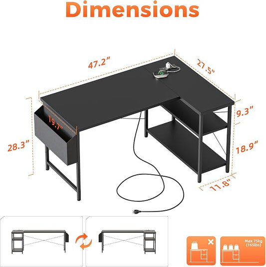 Mericonia Small L Shaped Computer Desk with Power Outlets, Reversible Gaming Desk with Storage Shelves, Corner Gamer Desk Table, Study Writing Table
