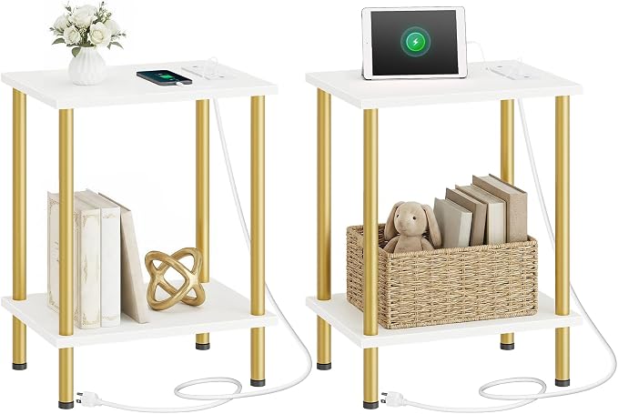 HOOBRO Side Table with Charging Station, Set of 2 End Tables with USB Port and Outlets, Nightstand with 2-Layer Storage Shelves for Small Spaces, Living Room, Bedroom, White and Gold DW09UBZP201