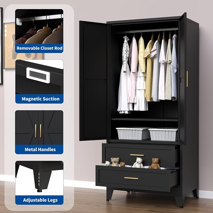 Steel Armoire Wardrobe Closet, 71" Metal Clothing Storage Cabinets with 2 Doors, 2 Drawers and 1 Adjustable Shelf, Black Wardrobe Cabinet with Hanging Rod for Bedroom, Gym