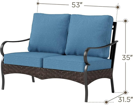 PHI VILLA Wicker & Metal Outdoor 2-Seat Patio Couch,Patio Sofa Loveseat with Deep Seating for Front Porch, Deck, Balcony, Backyard, Sunroom,Navy