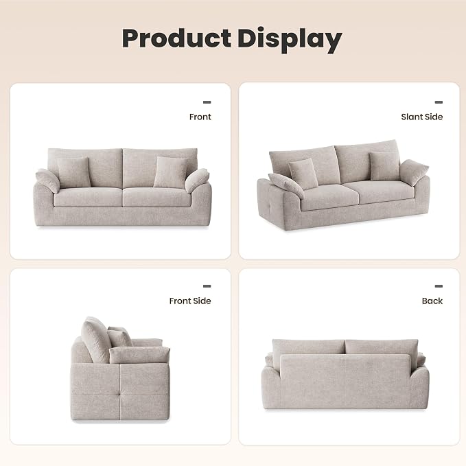 90" Boneless Loveseat Sofa, Polyester Fabric 2-Seater Couch with 4 Pillows, No Assembly Required, Soft High Density Foam Cushion, Rectangular Track Arm Sofa for Living Room Bedroom Apartment (Camel)