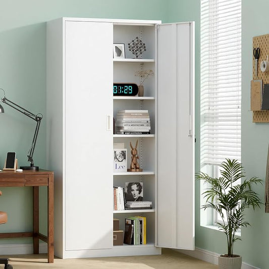 VINGLI Metal Garage Storage Cabinet with 2 Doors and 5 Adjustable Shelves, 71" Tall Steel Lockable File Cabinet, Locking Tool Cabinets for Home Office Garage Gym School (White)