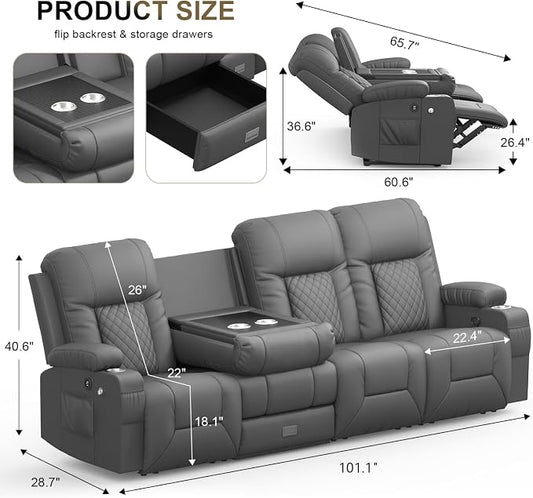 YONISEE 4 Seat Recliner Sofa with Flip Backrest Design, Loveseat Reclining Sofa with Storage Drawer, USB Ports, 2 Cell Phone Holder, Loveseat Recliner Couch for Living Room (Dark Gray)