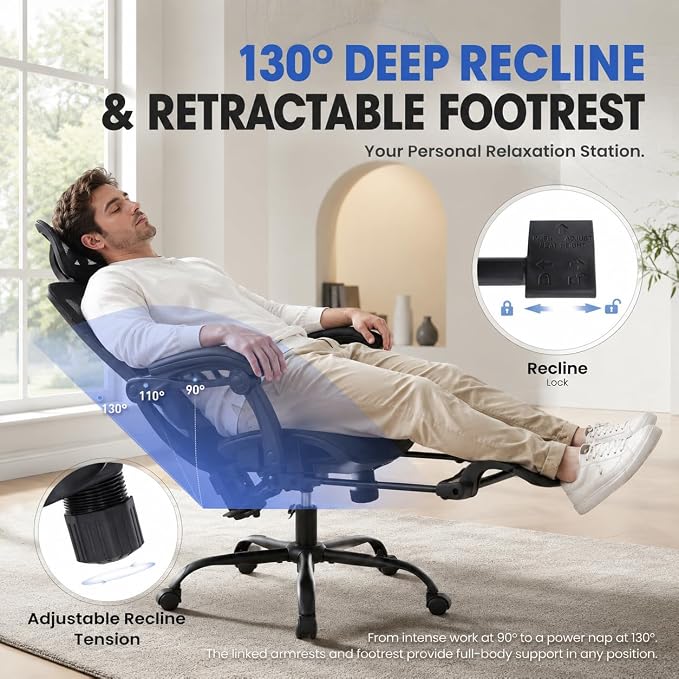 MALOL Ergonomic Mesh Office Chair with Footrest, High Back Desk Chair with 5-Level Adjustable Lumbar Support, 3D Headrest, 130° Reclining Backrest, Adaptive Armrests, Home Office Computer Chair, Black