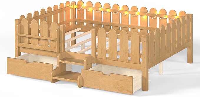 Bellemave Queen Size Montessori Bed with Stairs, Lights, Rails and Slats, Queen Size Montessori Floor Bed with Bookshelf and 2 Storage Drawers, Easy Assemble Beds Frame for Girls, Boys, Light Natural