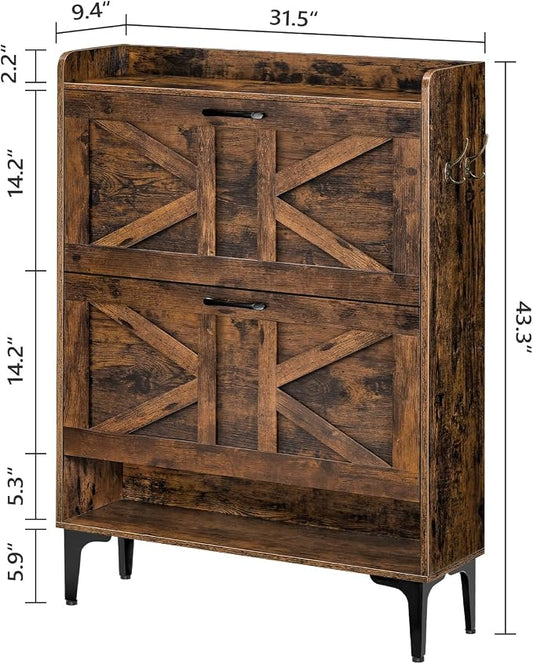 MAHANCRIS Shoe Storage Cabinet, Shoe Organizer with 2 Flip Drawers, Hidden Shoe Storage for Entryway, Freestanding Organizer with Open Storages, Rustic Brown SHHR9401N1