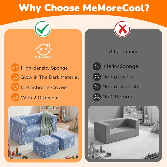 MeMoreCool Modular Kids Sofa, Glow in The Dark Space Kids Play Couch Sofa, Blue Fold-Out Foam Lounger Chair for Girls and Boys, Bedroom and Playroom