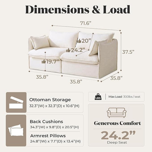 Cloud Loveseat Sofa, Oversized Deep Seat, Linen Blend | Fully Removable Washable Covers, Memory Foam Seat Cushions, Premium Fabric