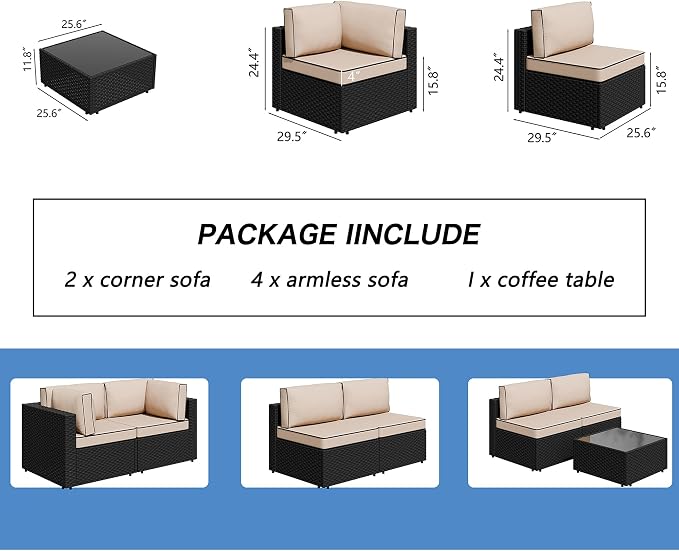 Shintenchi 7 Pieces Outdoor Patio Sectional Sofa Couch, Wicker Furniture Conversation Sets with Washable Cushions & Glass Coffee Table for Garden, Poolside, Backyard (Khaki)
