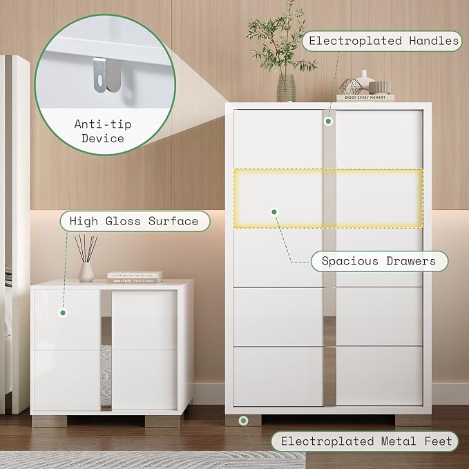 AMERLIFE 4 Piece Bedroom Dresser Set, Modern High Gloss UV Finish, 2 Nightstands, Chest of 5 Drawers & 6 Drawer Dresser, Electroplated Metal Handles, Bedroom Furniture Set, White